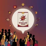 A clean flat-style illustration of a product package with a brand logo, placed at the center of a speech-bubble-shaped spotlight surrounded by small icons representing shared values like a heart and a lightbulb, set against a soft gradient terracotta-to-indigo background with a minimalist, modern branding tone.
